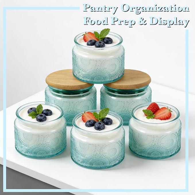 4 oz Blue Mini Glass Jars with Airtight Bamboo Lids 6 pack, Decorative Small Food Storage Canister, Vintage Embossed Home Décor Candle Parties Wedding Baby Shower Favors Gift