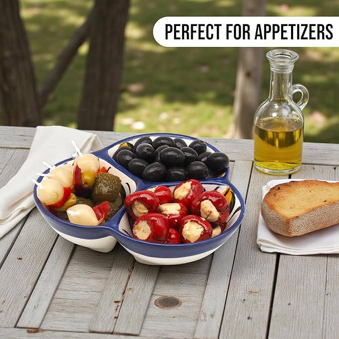 Ceramic Chip & Dip Bowl 7.5”, 3-Compartment Divided Serving Dish & Condiment Tray for Appetizers – Handmade in Spain, Lead-Free Glaze, Microwave, Oven & Dishwasher Safe