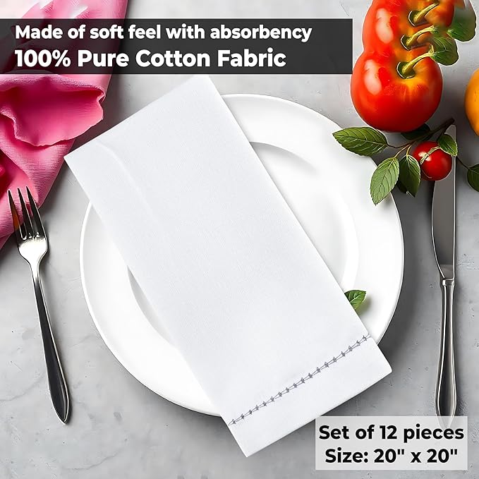 Urban Villa Easter Cloth Napkins Hemstitch White Grey 100% Cotton Absorbent Dinner Napkins (Set of 6) 20x20 Inches Soft Durable Washable Reusable Ideal for Everyday Use Wedding Parties Cloth Napkins