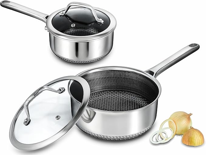 Hybrid Nonstick Saucepan Set of 2 with Lids 1.5 QT and 3 QT, Stainless Steel Honeycomb Pans with Side Pour Spouts,Compatible with All Cooktops,Dishwasher and Oven Safe