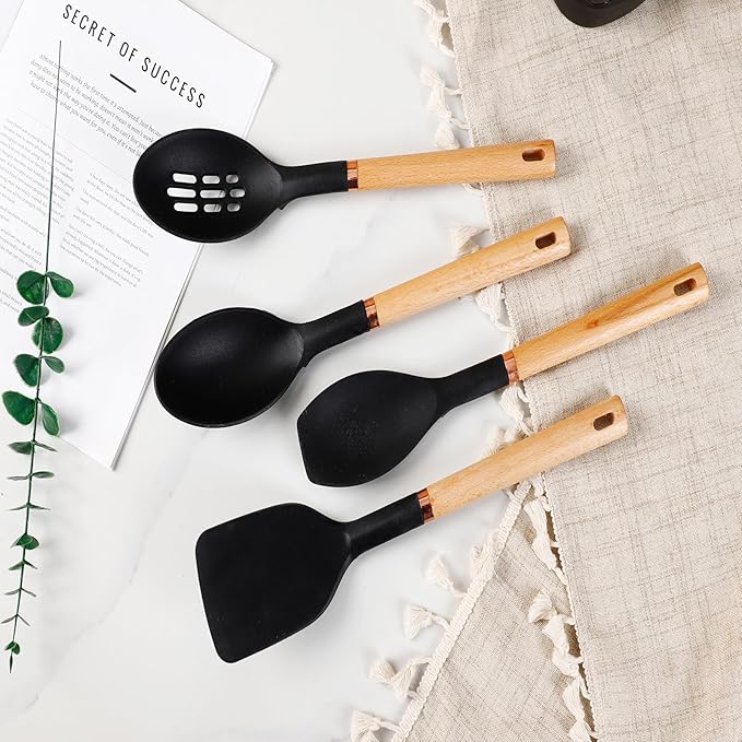 Silicone Cooking Utensils Set, Kitchen Utensils Set 13 Pcs for cooking, BPA Free Spatula Set with Heat Resistant Wood Handles for Nonstick Cookware (Black)