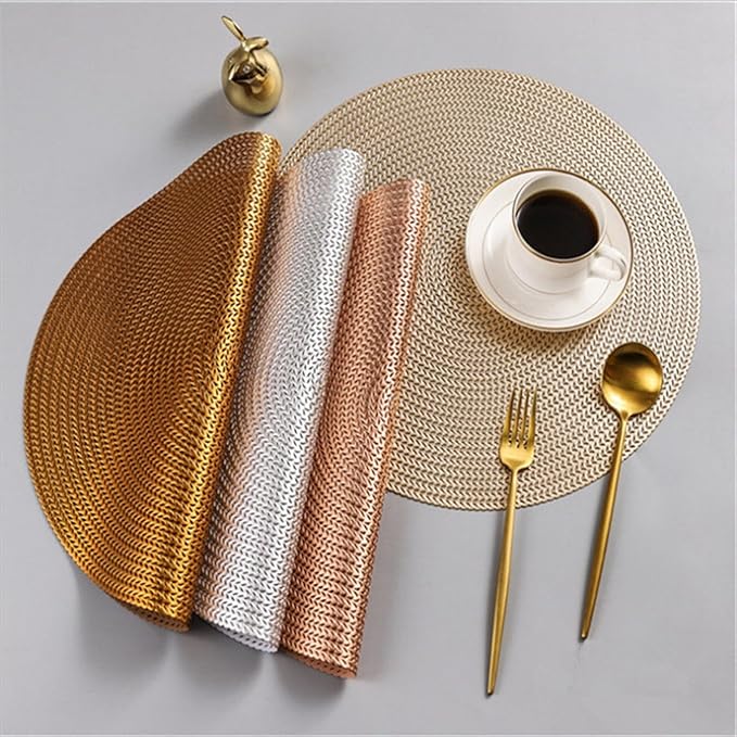 Placemat Kitchen Table Mat Restaurant Round PVC Nordic Anti-scalding Insulation Steak Pad Stand Mug(Rose Gold)