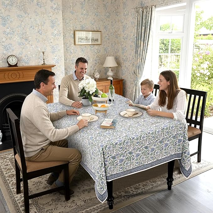 Ridhi Hand Block Print Columbia Blue Rectangle Cotton Tablecloth 108" x 70" Reusable Table Cover Decorative Everyday Use for Dining, Farmhouse, Home Gift for Spring, Easter, Valentine