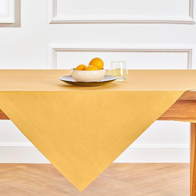 Solino Home Linen Tablecloth 52 x 52 Inch - 100% Pure Linen Mustard Yellow Square Tablecloth - Fete, Machine Washable Table Throw for Spring, Easter