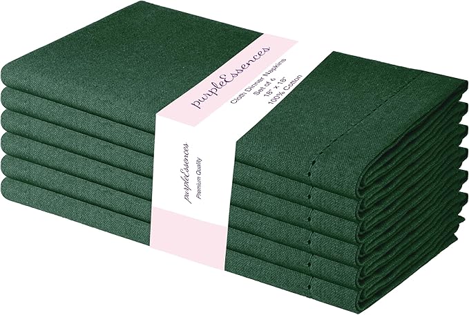 PurpleEssences Set of 6 Hemstitch Cloth Dinner Napkins 100% Cotton - Soft Durable Washable - Ideal for Wedding Christmas Holiday Winter - Perfect Everyday Use Table Linen 18x18 - Forest Green