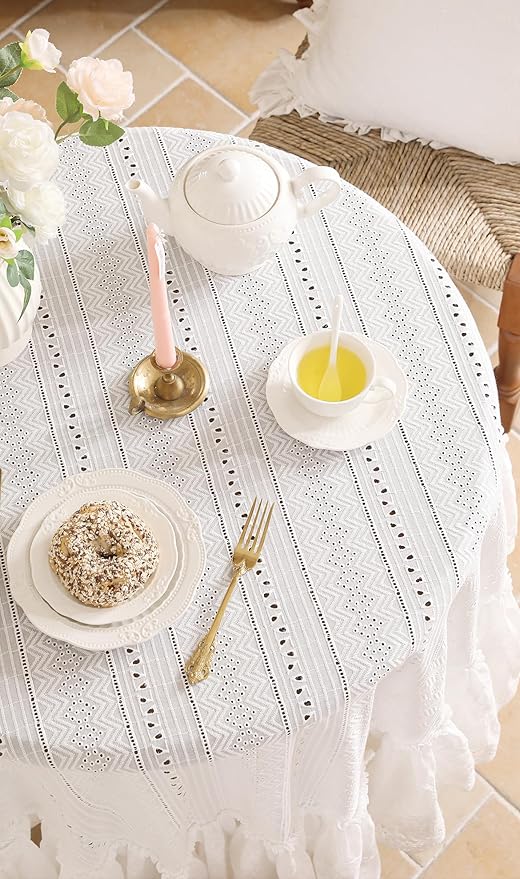 patdrea Vintage White Lace Tablecloth,Design Embroidered Cotton Ruffle Table Cloth for Round Table,Elegant Rustic Fabric Decorations for Wedding Party Thanksgiving Christmas Diameter 71"