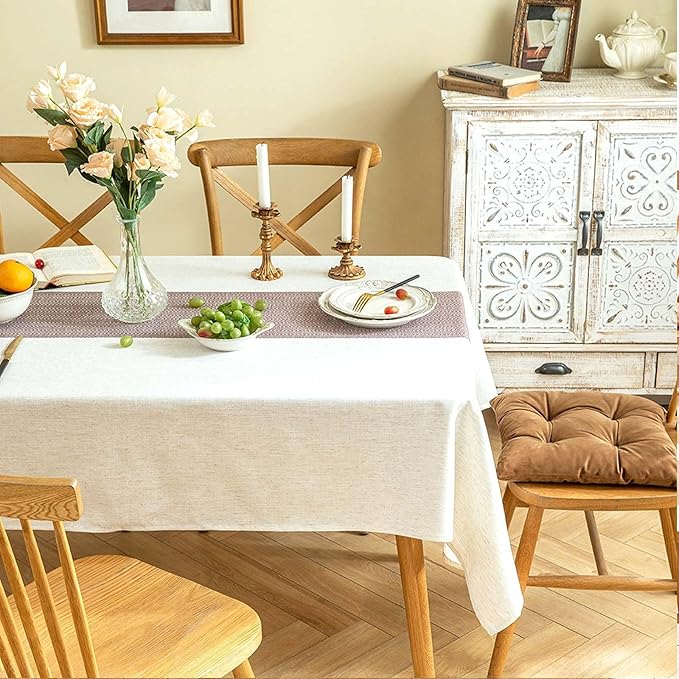 SIELUNO Rectangle Tablecloth Cotton Linen Waterproof Table Cloth Rustic Farmhouse Table Cover for Holiday Parties Christmas Kitchen Dining Decoration-Beige and Coffee-54 x102