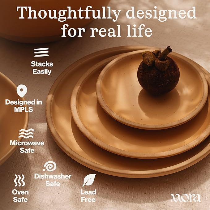 MORA Medium Plates Set of 4, 8.5 inch Ceramic Pottery Salad Plates - Microwave, Oven and Dishwasher Safe - Peppercorn