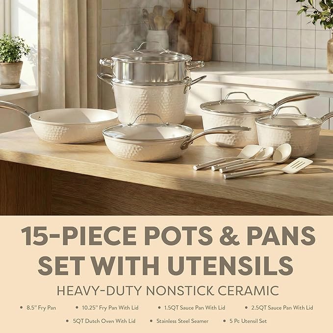 Gotham Steel Hammered 15 Pc Ceramic Cookware Set Nonstick, Pots and Pans Set Non Stick with Induction Cookware, Cooking Utensils & Steamer, Non Toxic PFOA PFOS Free, Oven & Dishwasher Safe