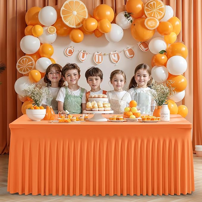 2 Packs Orange Spandex Tableclothes for 4 Foot Rectangle Table, Spandex Table Covers 4FT Stretch Table Skirts Rectangle Wrinkle Free Fitted Tablecover for Event, Wedding, Banquet & Parties