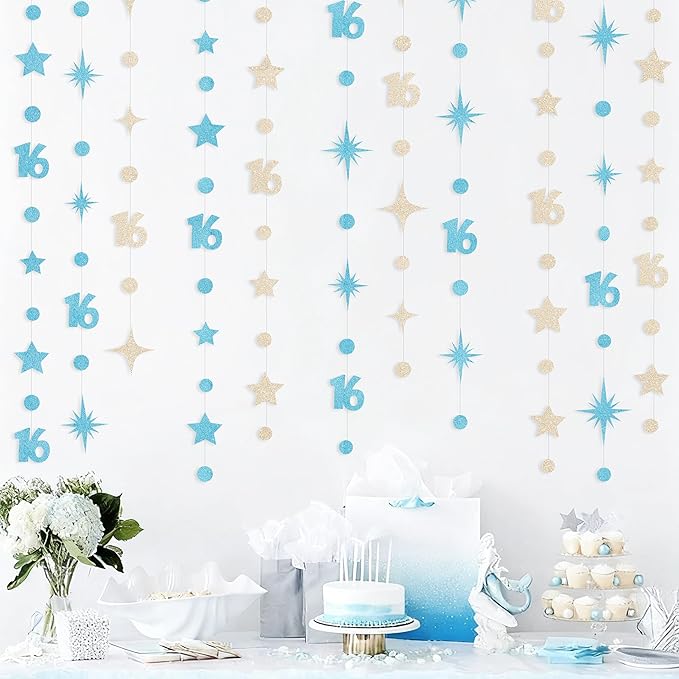 Champagne Gold Blue 16th Birthday Decorations Number 16 Circle Dot Star Garland Glitter Streamer Banner Backdrop for Girls Boys Sweet Sixteen Cheers to 16 Years Old Happy 16th Birthday Party Supplies