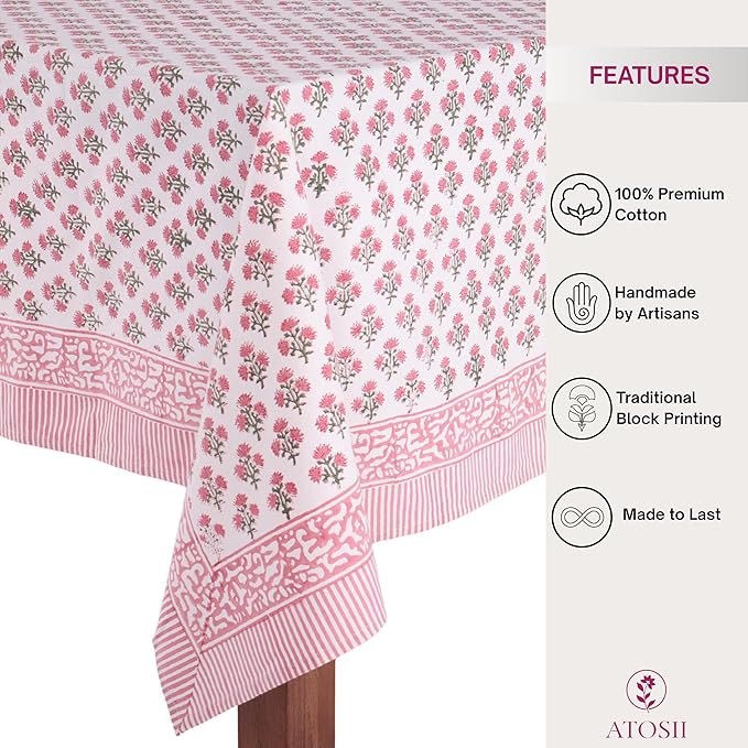 ATOSII Gulbahar White Pink 100% Cotton Spring Summer Square Tablecloth, Handblock Print Floral Table Cloth for Kitchen Dining Linen I Weddings, Outdoors, Easter 60 X 60 Inches I 4 Seater