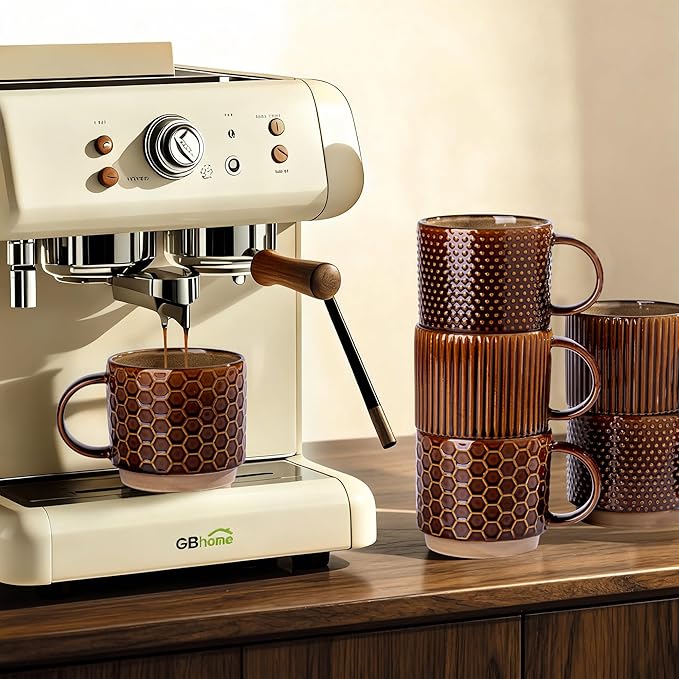 GBhome 12 OZ Stackable Coffee Mugs Set of 6, Ceramic Coffee Cups with Texture Patterns for Man,Woman,Dad,Mom, Modern Coffee Cups for Latte/Cappuccino/Cocoa. Dishwasher&Microwave Safe,Caramel
