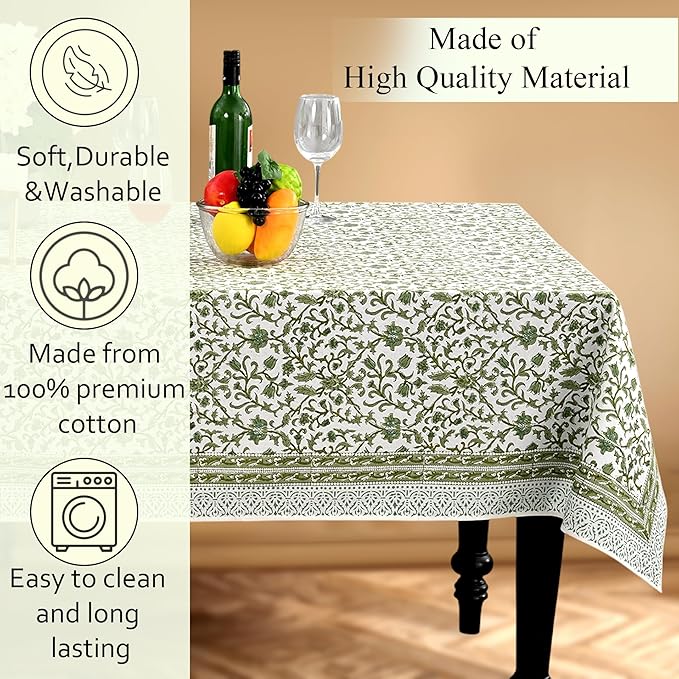 CPC Meadow Vine Tablecloth 100% Cotton 70x108 Inch Indian Block Print Rectangle Table Cover, Table Cloth for Gifting in Weddings, Halloween, Fall, Christmas, Thanksgiving