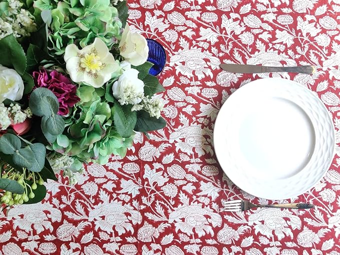 ATOSII Meraki Red 100% Cotton Tablecloth, Handblock Print Rectangle Table Cover for Kitchen Dining I Tabletop Linen I Parties, Thanksgiving, Christmas, Wedding, Fall Table Cloth 60 X 108 Inches