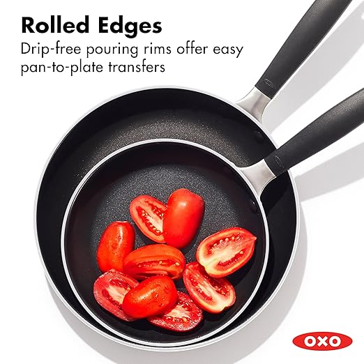 OXO Non-Stick Every Day Frying Pan Set, BPA-Free Comfort Grip Silicone Handles, Dishwasher & Oven Safe, PFAS-Free Ceramic Skillets, Black, 8” & 10”