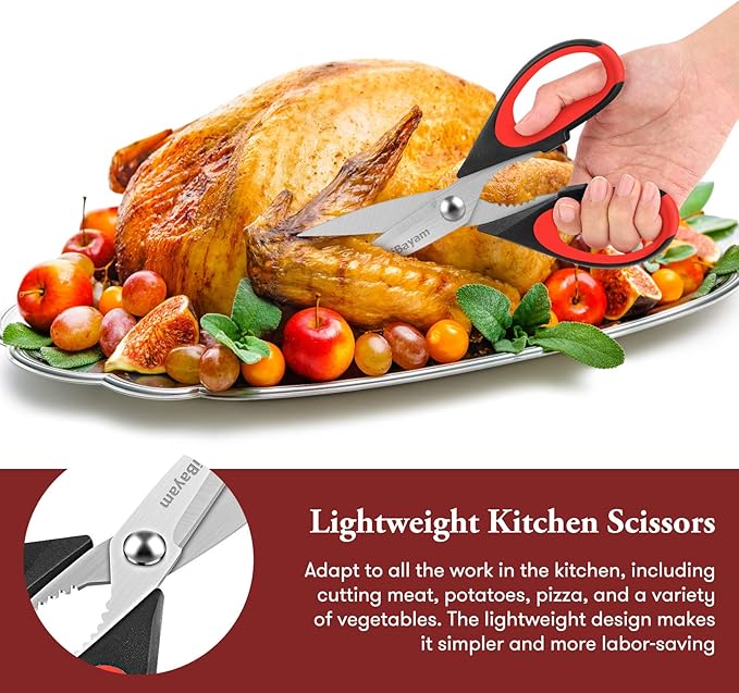 iBayam Kitchen Scissors All Purpose Heavy Duty, Kitchen Utensils Set, Stainless Steel Cooking Utensils Gadgets, Meat Poultry Food Shears Dishwasher Safe Utility Tools Home Gift, with Protective Sheath