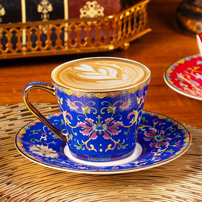 KAMMAK Tea Cups and Saucers Set of 2, Porcelain Coffee Cup with Saucer for Espresso, Cappuccino, 8oz Vintage Red and Blue Ceramic Novelty Mug for Home, Tea Party, Office
