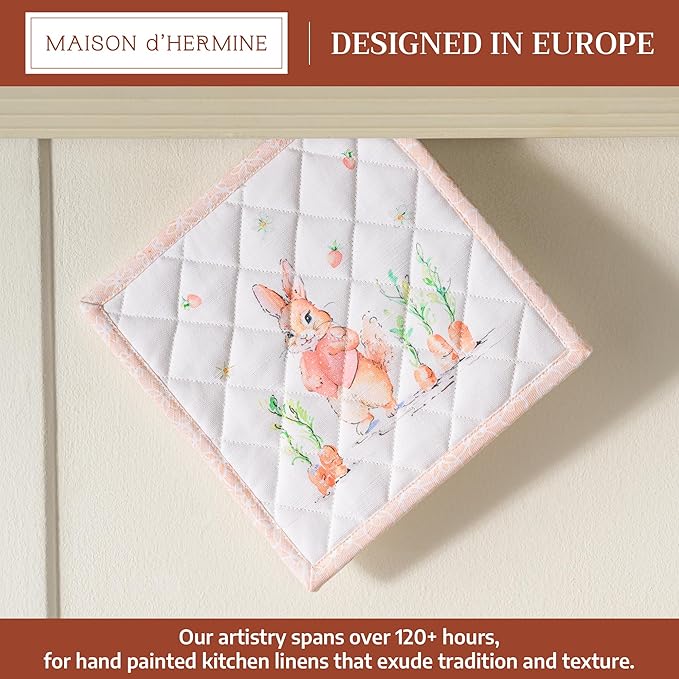 Maison d' Hermine Pot Holders 100% Cotton Heat Resistant Potholders 8" x 8" Hot Pads with Loop BBQ, Cooking, Baking, Grilling, Kitchen, Handling Hot Pans Spring/Summer (Pack of 1, Bunny Party)