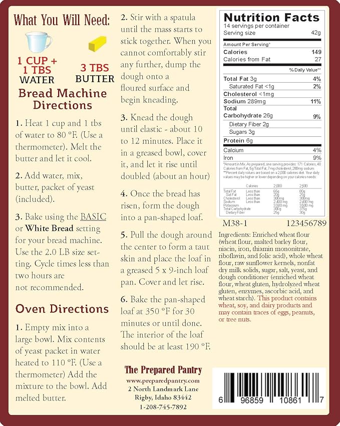The Prepared Pantry Prairie Sunflower Gourmet Bread Mix; Single Pack; For Bread Machine or Oven