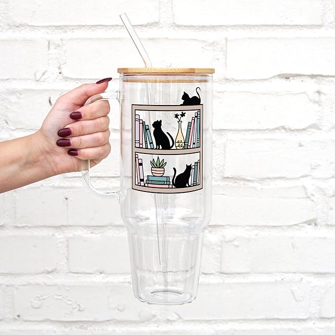 Sip-Sip Hooray! 40oz Cats on Bookshelf Glass Tumbler with Lid and Straw, Book Lover Gift, Booktok, Gift For Reader Drinkware Handmade Aesthetic Coffee Beverage Mug Tumblers