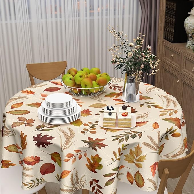 Autumn Leaves Round Tablecloth 60 Inch Fall Thanksgiving Harvest Maple Leaf Table Cloth Rustic Farmhouse Table Cover for Kitchen Dinner Home Decor
