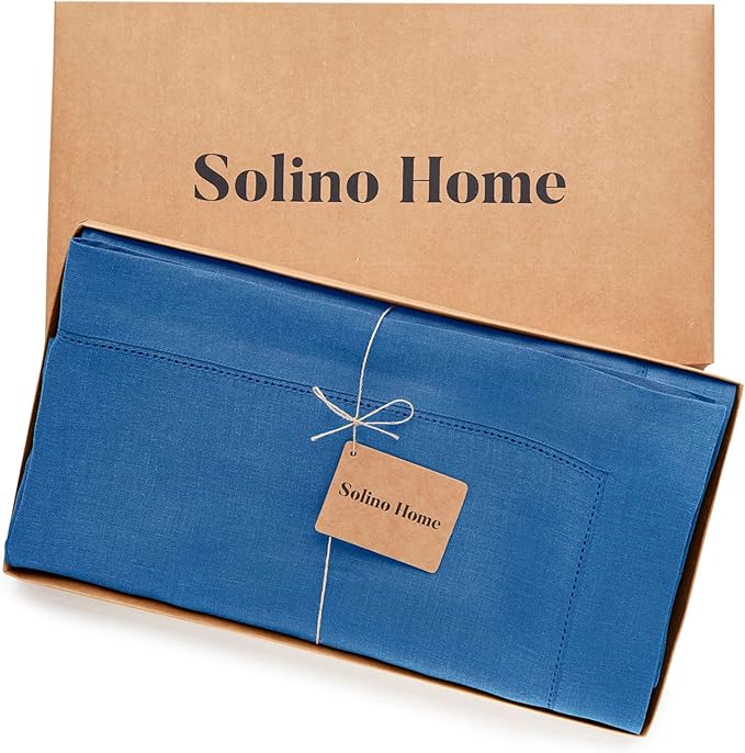 Solino Home Linen Indigo Blue Tablecloth 60 x 156 Inch - Classic Hemstitch, 100% Pure Linen Rectangular Tablecloth - Machine Washable Table Cloth for Winter, Spring, Easter