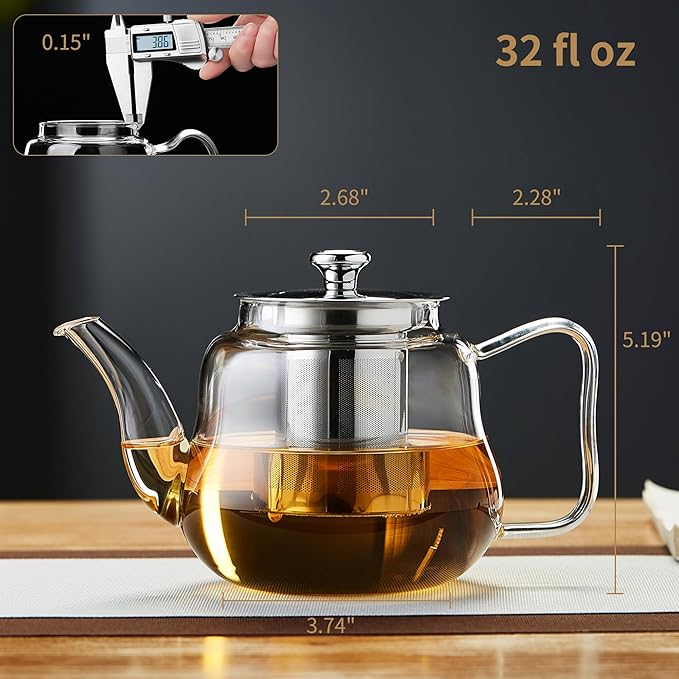 Glass Tea Pot with Infuser and Lid, Heat Resistance Borosilicate Glass Tea Kettle for Gas Stovetop, Suit for Blooming and Loose Leaf Tea, 32 fl oz