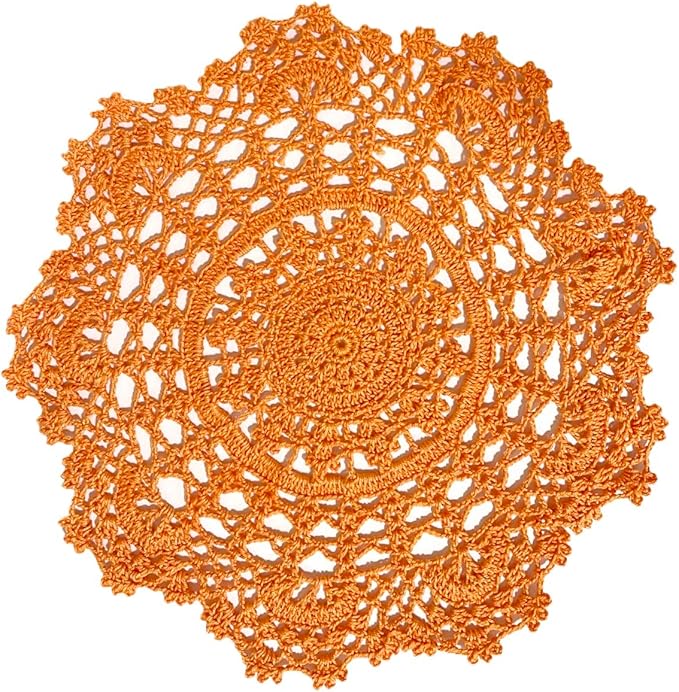 BIBITIME 2PCS Lace Table Doilies Kitchen Placemats Round Handmade Crochet Flower Cup Mug Mat Doily (13 inches to 14 inches,2PCS, Orange)