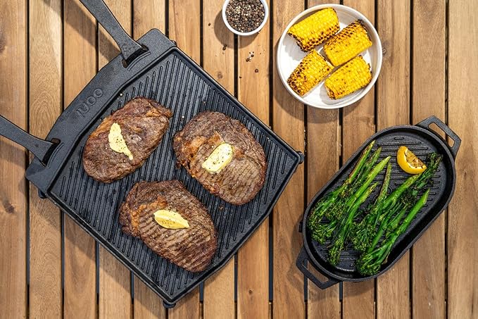 ooni Cast Iron Dual-Sided Grizzler Plate - 13.6" x 12.5" Reversible Griddle with Removable Handle and Stainless Steel Trivet, Pre-Seasoned Non-Stick Oven Safe Cookware, Pizza Oven and BBQ Accessories