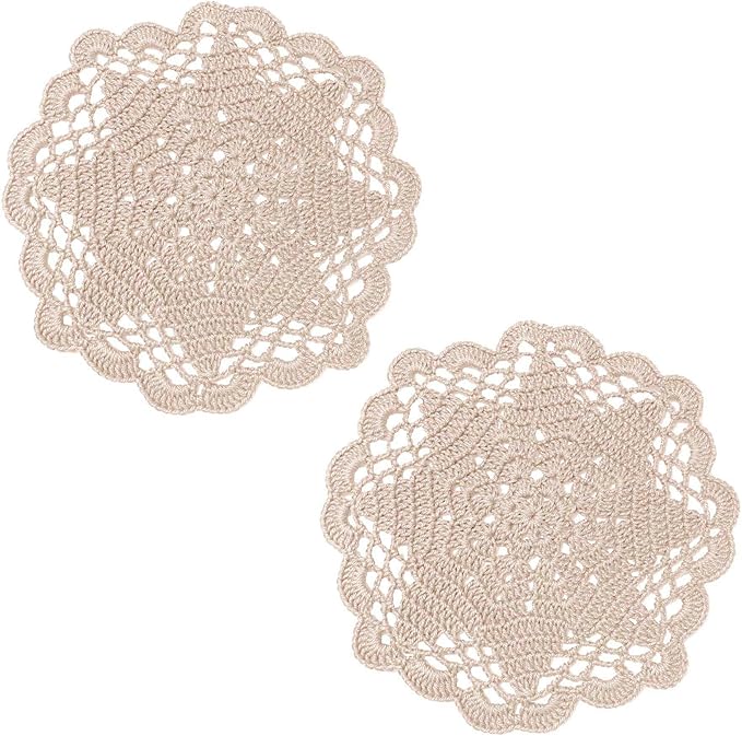 BIBITIME Handmade Crochet Round Lace Doilies Kitchen Table Placemats Wedding Tea Flower Vase Cup Mats (Beige, 6" to 7",Pack of 2PCS)