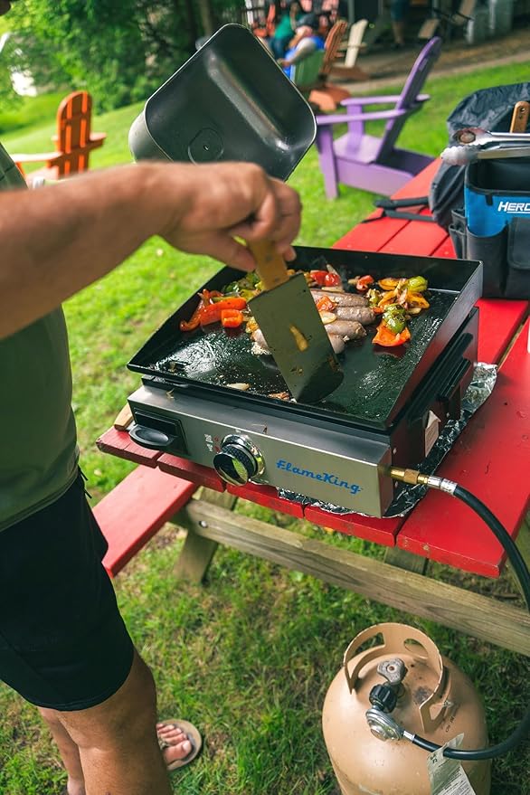 Flame King Flat Top Portable Propane Cast Iron Grill Griddle Tabletop for Outdoor Camping, Tailgating, Outdoor Cooking