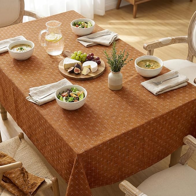 Horaldaily Caramel Rectangular Table Cloth, Cross-Star Solid Textured Embroidery Tablecloth, Wrinkle Free Washable 60×120 Inch Table Cover for Kitchen, Party, Wedding, Picnic, Outdoor