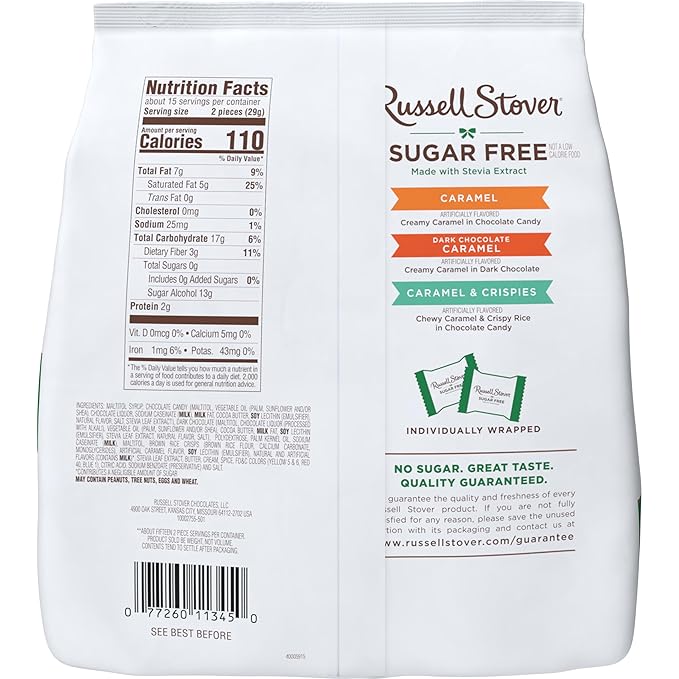 RUSSELL STOVER Sugarfree Assorted Caramels in Chocolate Candy, 15.3 oz. bag, 3 Pack