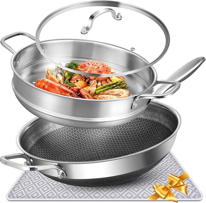 AOSION Hybrid 13 inch Stainless Steel Wok with Steamer, PFOA Free Cookware, Nonstick Wok Pan & Stir-Fry Pans with Lid and Draining Mat, Works on Induction, Dishwasher & Oven Safe