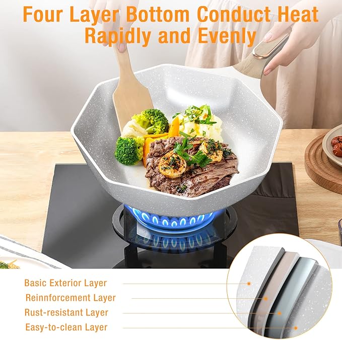 Ceramic Nonstick Octagonal Wok 12.5 inch Die-cast Induction Woks and Stir Fry Pans with Glass Lid PFOA Free (Cream White)