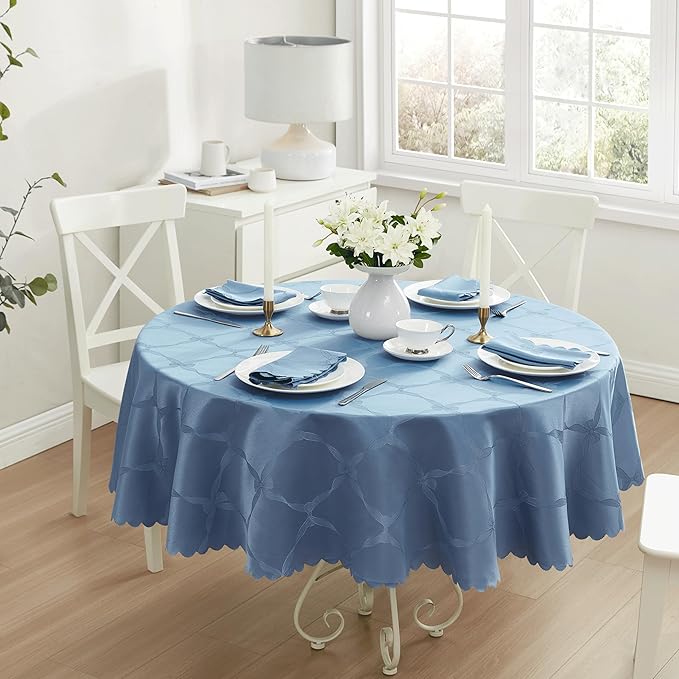 Newbridge Ribbons and Bows Damask Spring & Easter Holiday Fabric Tablecloth, Blue, 70 Inch Round, Wrinkle & Stain Resistant Table Cover