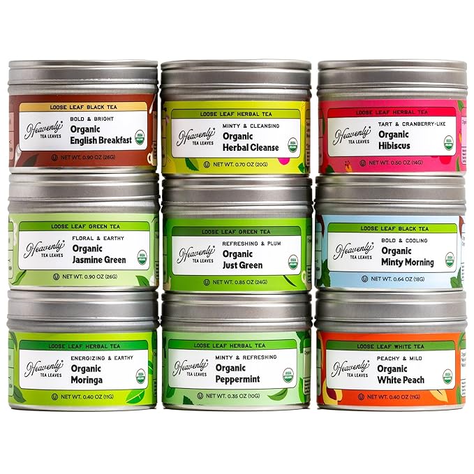 Heavenly Tea Leaves Organic 9 Flavor Variety Pack | Loose Leaf Tea Sampler (Approximately 90 Cups) | Premium Gift Set Assortment of Green, Herbal, Black & White Teas | Hot or Iced, High to No Caffeine | Sampler, Great Iced or Hot, High to No Caffeine