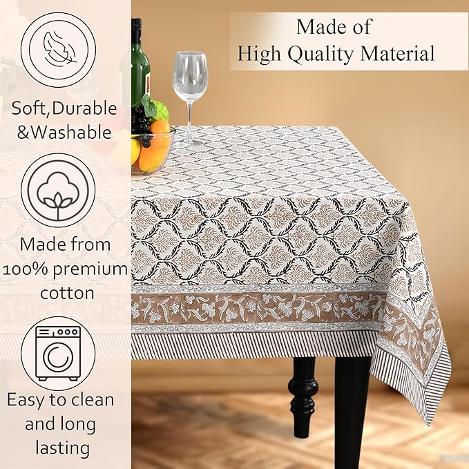 CPC Sandstone Regal Tablecloth 100% Cotton 70x118 Inch Indian Block Print Rectangle Table Cover, Table Cloth for Gifting in Weddings, Halloween, Fall, Christmas, Thanksgiving