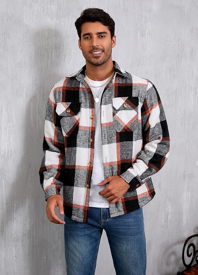 Men's Cotton Sherpa Lined Button Down Flannel Shirt Jacket Plaid Soft Outdoor Flannel Jacket Shirt