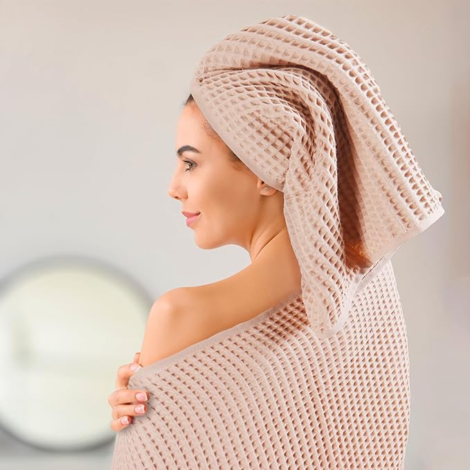 PÜSKÜL Waffle Kitchen & Hand Towel Organic 100% Turkish Cotton Set of 3 Beige - Premium Quality, Soft, Quick-Dry, Absorbent, Lint-Free Waffle Weave Towels 32X16 Inches (3, Beige)