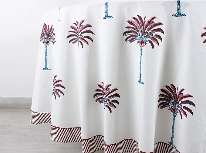Ridhi Block Print Round Red Palm Reusable Tablecloth 100% Cotton 60" Inch Decorative Table Cover eveyday Dining, Home, Party, Wedding, Farmhouse Gift for Spring, Easter, Valentine