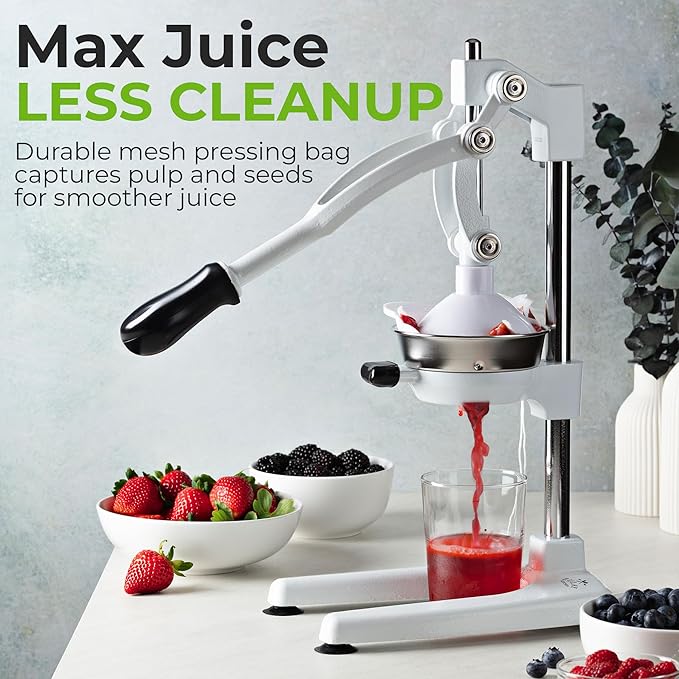 Zulay Kitchen Pulverizer 9 in 1 Cast Iron Juicer - Easy-to-Clean Heavy-Duty Manual Juicer with Presser Attachment to Juice All Types of Fruits! Extra Tall with Stainless Steel Bowl - White