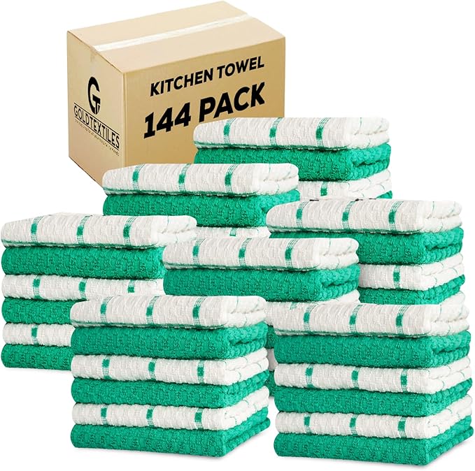 GOLD TEXTILES Kitchen Towels 144 Pack Premium 100% Cotton Dish Towels for Kitchen (15 x 25 Inches) Soft & Absorbent Kitchen Hand Towels for Drying Dishes, Cleaning - Reusable and Washable (Green)