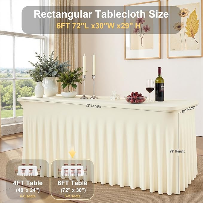 6 Pack Ivory Rectangle Tablecloth with Elastic Table Skirt – 6FT Fitted Spandex Table Cover, 72 Inch Wrinkle-Resistant & Stretchable for Wedding, Banquet, Party, Buffet, Restaurant