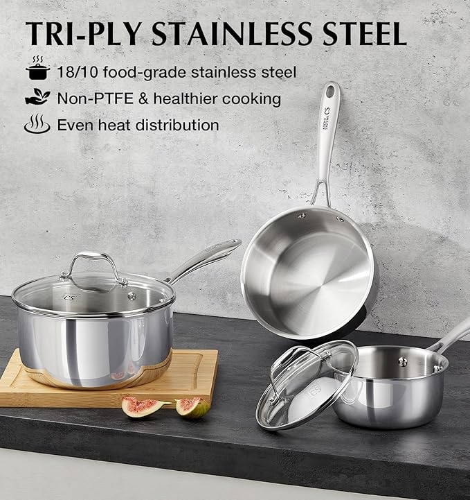 KOCH SYSTEME CS Triply Stainless Steel Saucepan Set, 1QT & 2QT & 3QT Stainless Steel Pot Set with lid, Diswasher & Oven Safe, Induction Compatible Pot, 6PCS