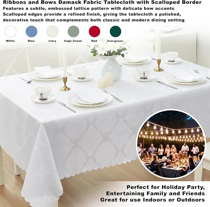 Newbridge Ribbons and Bows Damask Spring & Easter Holiday Fabric Tablecloth, White, 52 x 70 Inch Rectangle, Wrinkle & Stain Resistant Table Cover