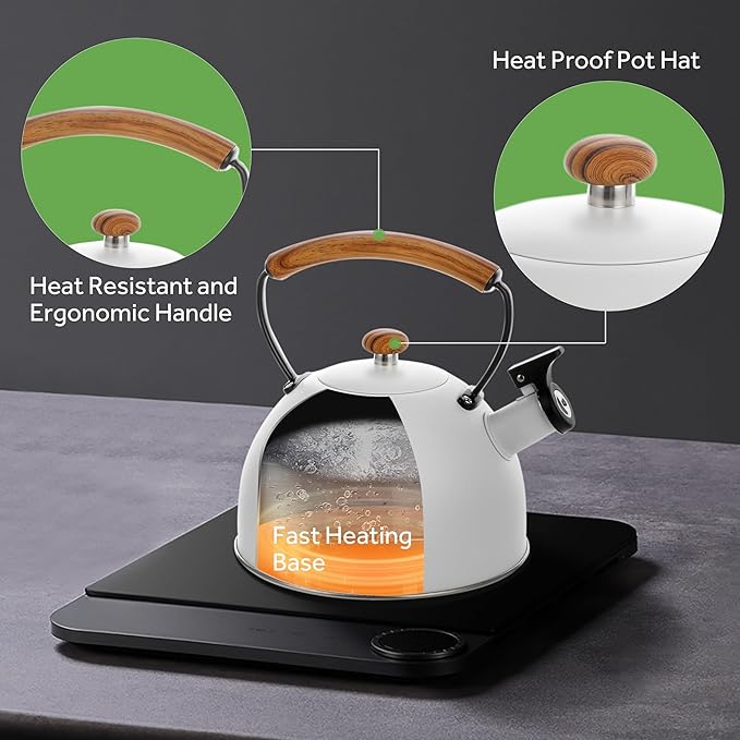 YSSOA Whistling Stovetop Tea Kettle, 3.2 Quart Stainless Steel Teapot with Cool Touch Ergonomic Handle, Hot Water Fast to Boil, White