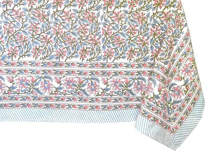 ATOSII Kalina 100% Cotton Fall Rectangle Tablecloth, Handblock Print Floral Table Cloth for Kitchen Dining Linen I Weddings Outdoors Easter Spring Summer I 72 X 120 Inches I 10 Seater