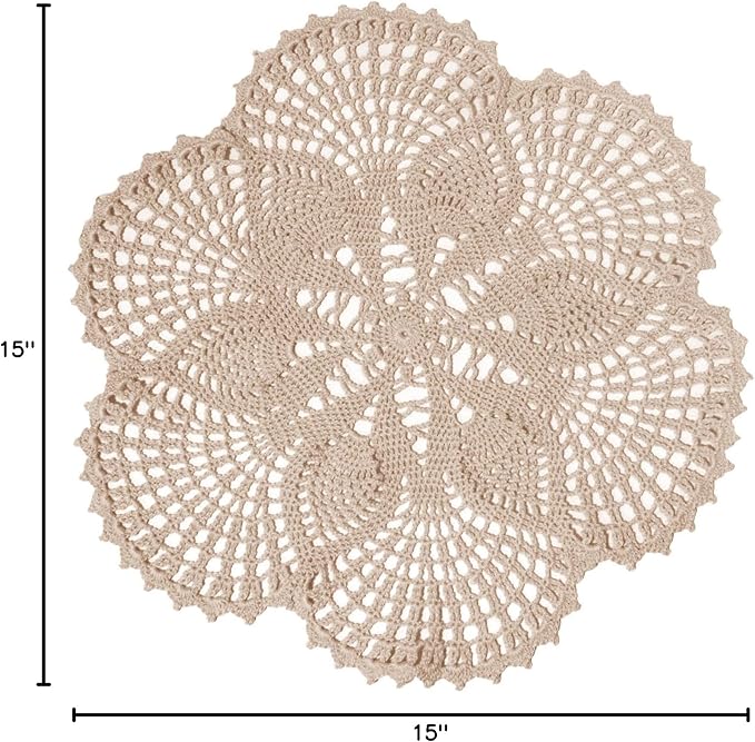 Handmade Crochet Lace Doily 15.5 inches to 17.5 inches Round 6 Petals Flower Placemats Coasters Vintage Doilies Vase Cup Mats (1, Beige)